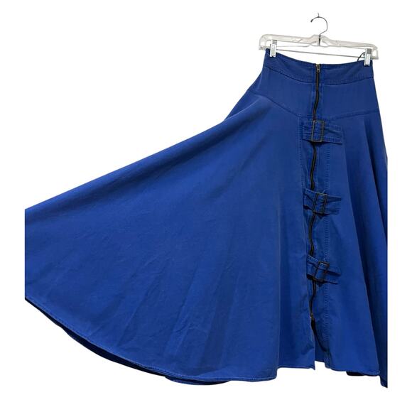 Vintage Flamingo Yoked Skirt Blue Full Midi 100% Cotton Zipper Buckles W26" - Picture 3 of 8